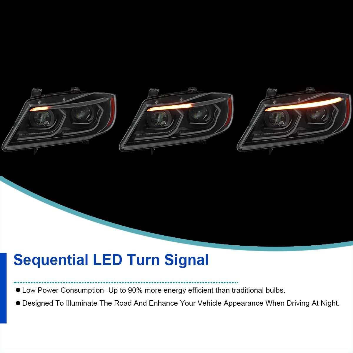Dual Projector Headlights SPEC-D TUNING Black with 3D LED Tube and Startup Animation Compatible with 2006-2011 BMW 3-Series E90 Sedan/E91 Wagon, Left + Right Pair Headlamps Assembly