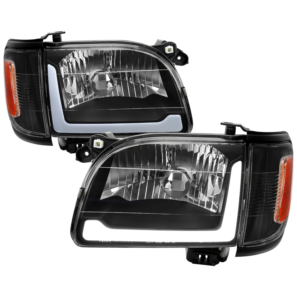 Black LED Tube Headlights + Corner Lights Spec-D Tuning Compatible with 2001-2004 Toyota Tacoma, Left + Right Pair Headlamp Assembly