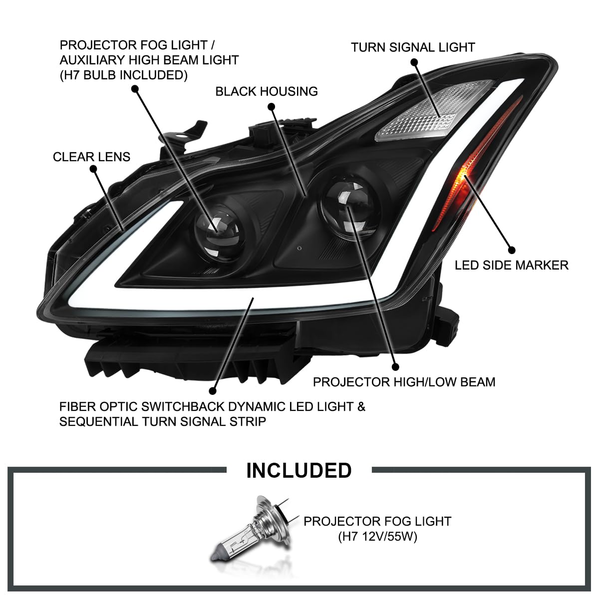 Black SPEC-D TUNING Projector Headlights w/LED Sequential Turn Signal and Startup Animation Compatible with 2008-2015 Infiniti G37, Q60 2DR Coupe, Left + Right Pair Headlamp Assembly