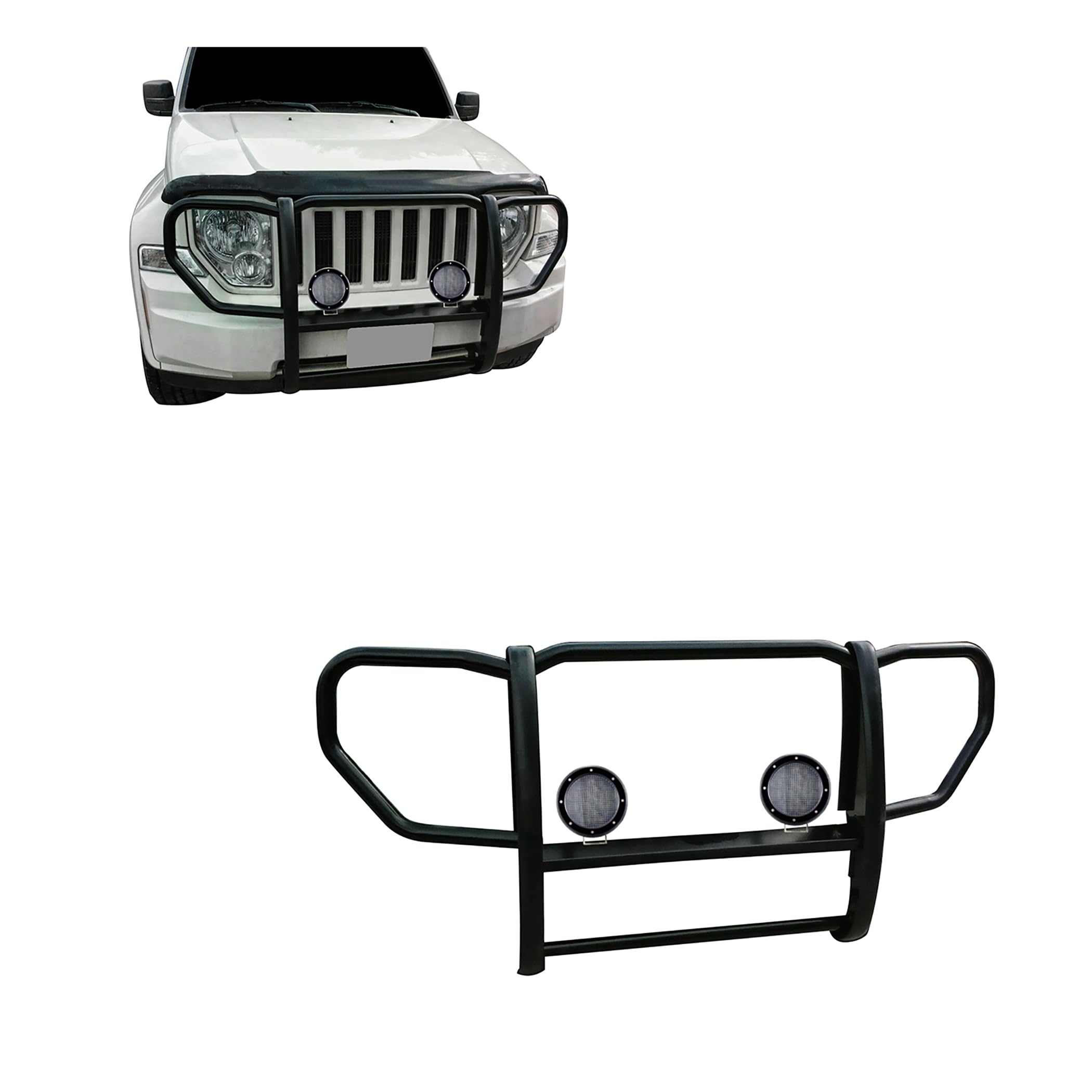 Bumper Guard Black Horse Grille brush 1-Piece Black Come with Pair of 5.3" Dia.LED Lights with Black Trim Rings Compatible with 2008-2012 Jeep Liberty-17A086400A-PLFB