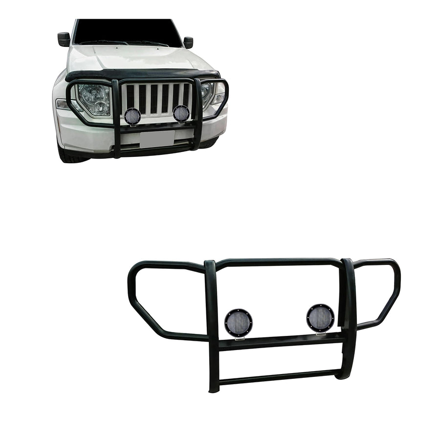 Bumper Guard Black Horse Grille brush 1-Piece Black Come with Pair of 5.3" Dia.LED Lights with Black Trim Rings Compatible with 2008-2012 Jeep Liberty-17A086400A-PLFB