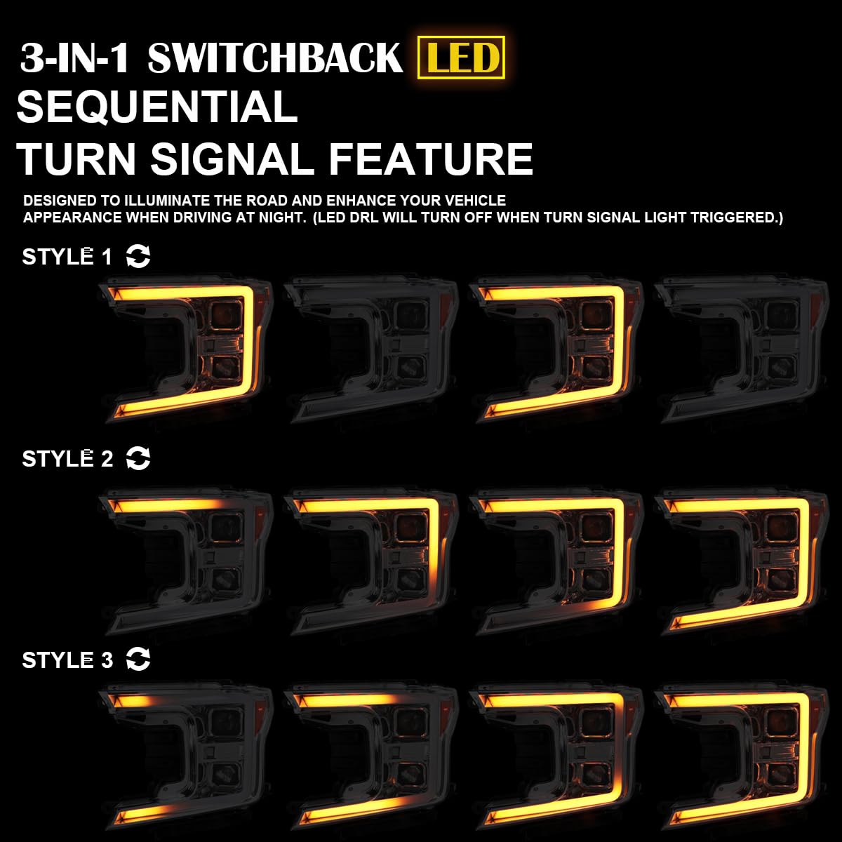 Smoke Sequential Switchback Projector Headlights w/LED Light Bar SPEC-D TUNING Compatible with 2018-2020 Ford F-150, Left + Right Pair Headlamps Assembly