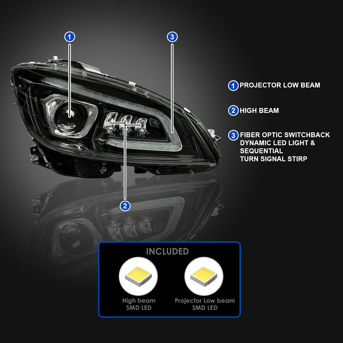 Black Smoke SPEC-D TUNING Full LED Projector Headlights w/Sequential Turn Signal Compatible with 2008-2011 Mercedes Benz W204 C-Class, Left + Right Pair Headlamps Assembly
