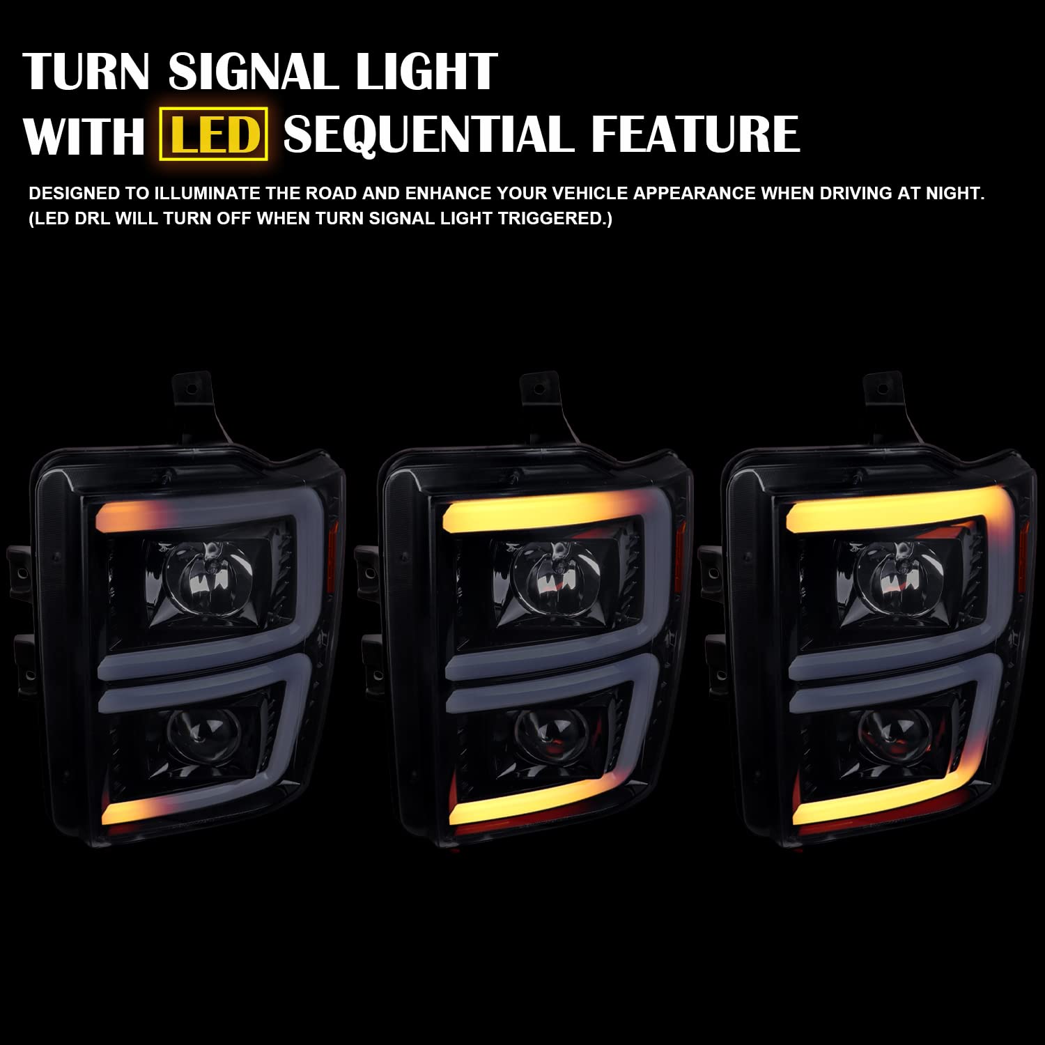 Glossy Black Smoke SPEC-D TUNING Sequential Switchback Projector Headlights Compatible with 2008-2010 Ford F-250, F-350, F-450