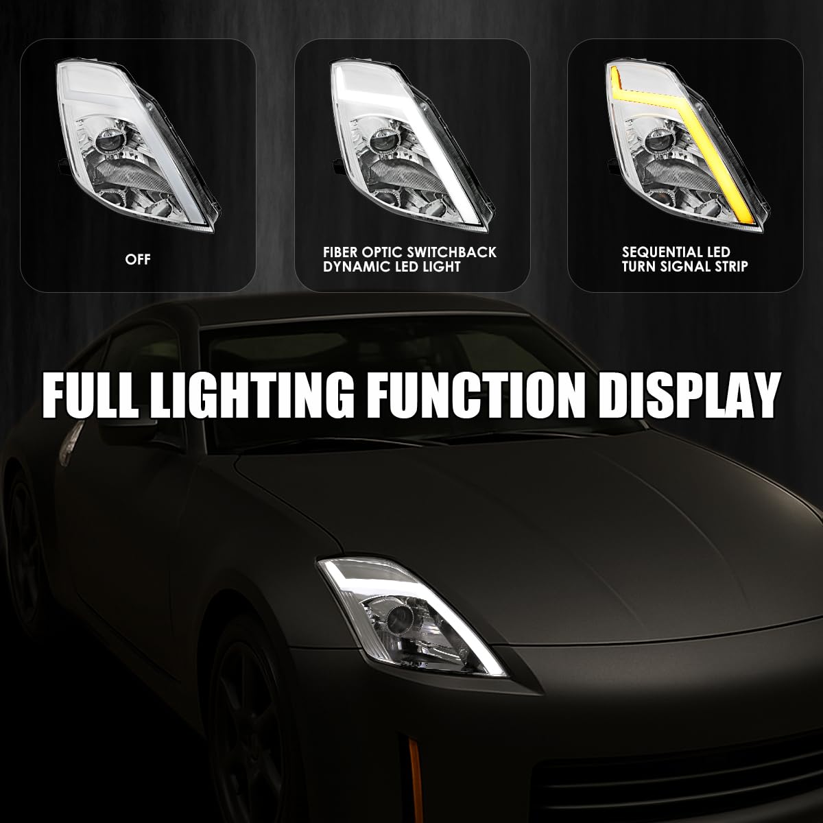 Sequential Switchback Projector Headlights SPEC-D TUNING w/LED Strip and Startup Animation Compatible with 2003-2005 Nissan 350Z, Left + Right Pair Headlamp Assembly