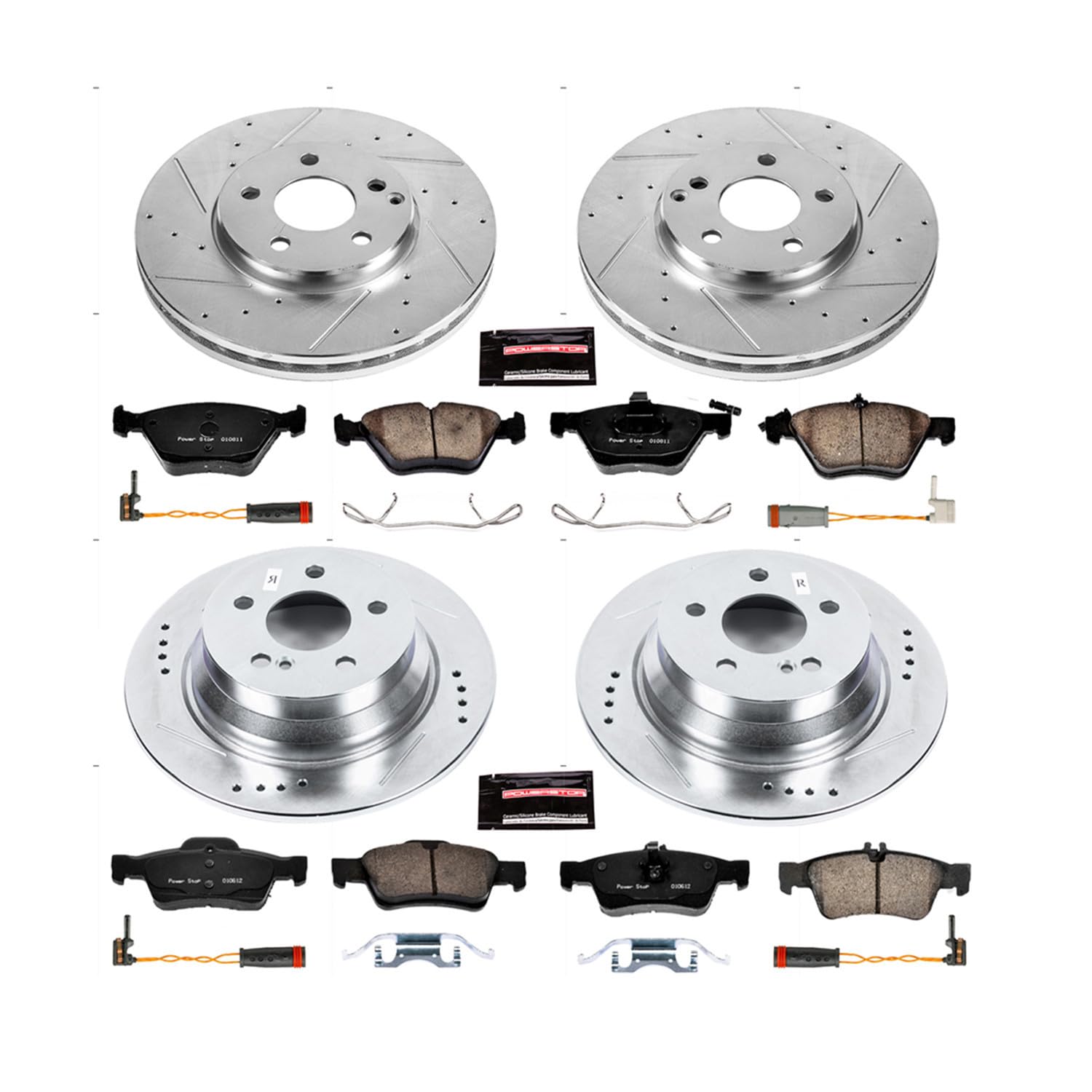 Power Stop K4511 Z23 Carbon Fiber Brake Pads Front and Rear with Drilled & Slotted Brake Rotors Kit For Mercedes-Benz E320 2004-2005 [Model Specific]
