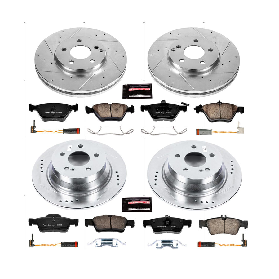 Power Stop K4511 Z23 Carbon Fiber Brake Pads Front and Rear with Drilled & Slotted Brake Rotors Kit For Mercedes-Benz E320 2004-2005 [Model Specific]
