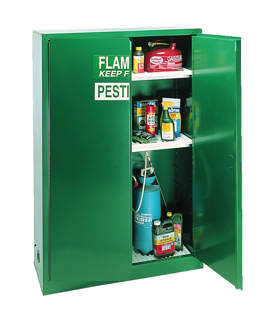 Pesticide Safety Cabinet Eagle for Pesticides and Poisons, 2 Door Manual Close, 45 Gallon, 65" Height, 43" Width, 18" Depth, Steel, Made in The USA, Green, PEST47