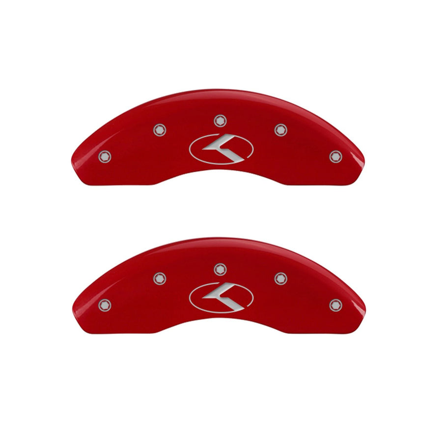 Caliper Covers MGP 21186SCRKRD (Red Powder Coat Finish, Engraved Front and Rear: Circle K/Kia, Silver Characters, Set of 4)