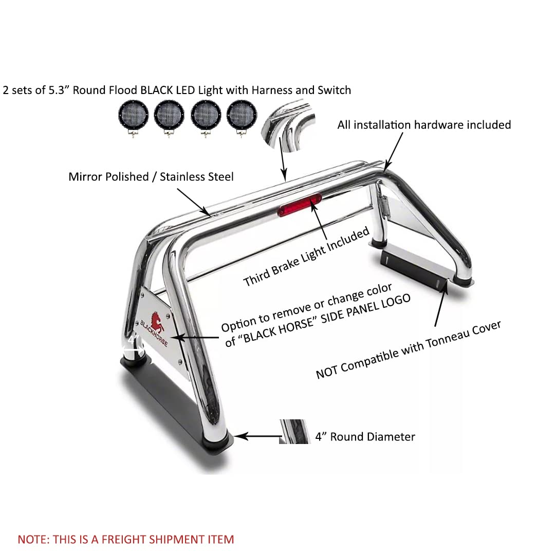 Classic Roll Bar Black Horse Incl. Set of 5.3" Dia.LED Lights w/Black Trim Rings Stainless Steel Compatible with 2015-2024 Chevrolet Colorado|2015-2024 GMC Canyon|15-24 Toyota Tacoma-RB003SS-PLFB