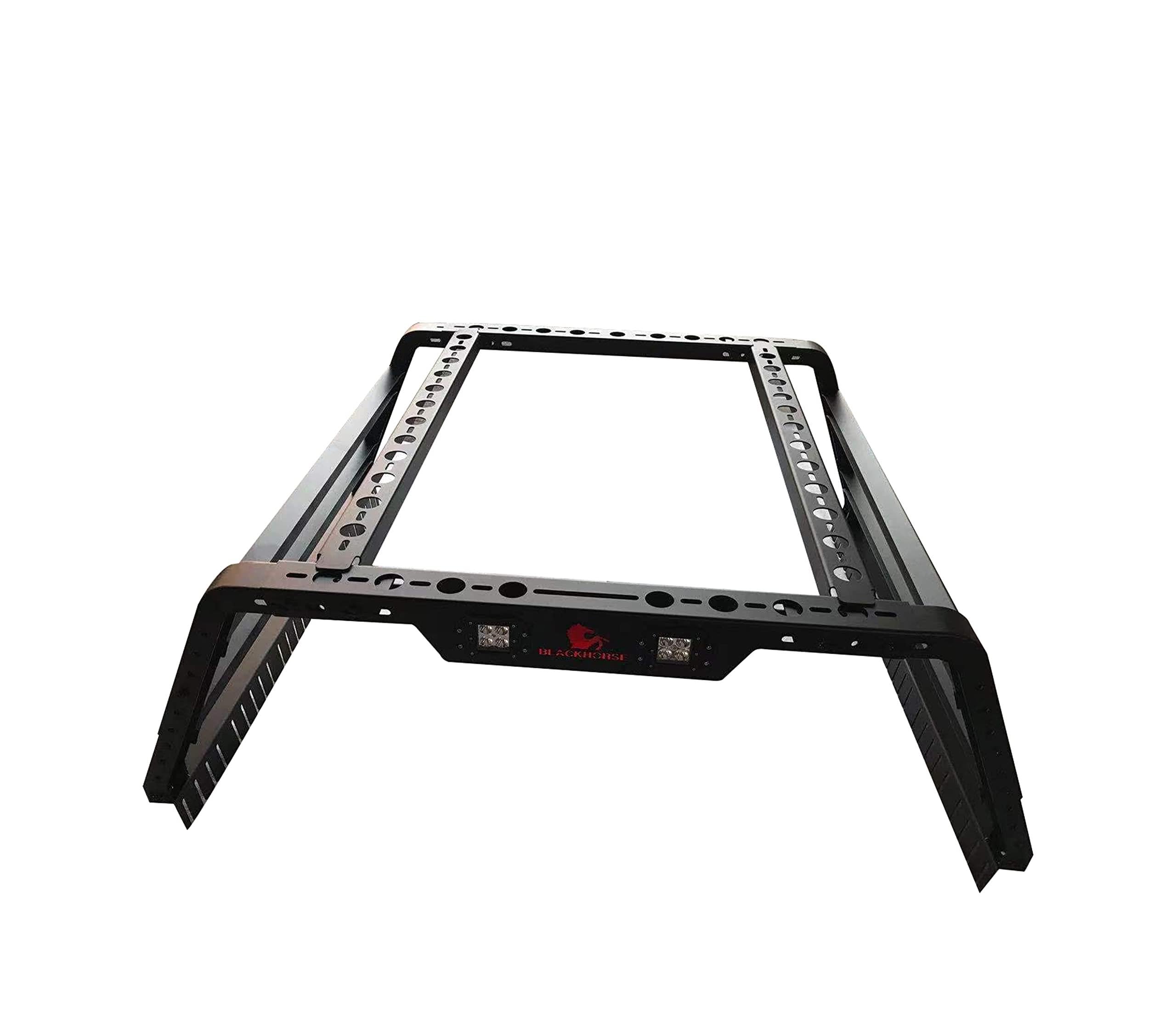 Overland Black Horse Bed Rack Incl. Set of 5.3" Dia.LED Lights w/Red Trim Rings Compatible with Full Size and Small Trucks, Dodge Ram, Gladiator, Titan, GMC, Chevrolet, Ford, Frontier-TR01B