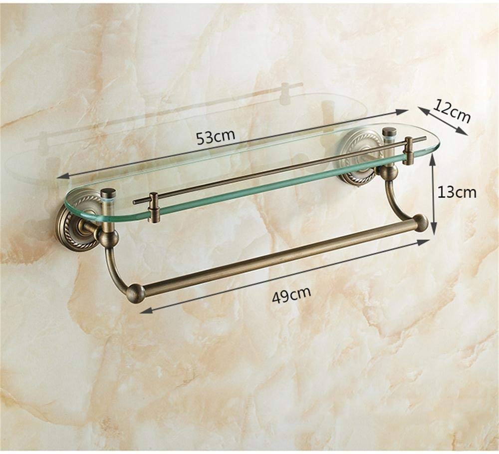 Bathroom Rack Single deck Glass with Towel Bar, Brass, Brushed, Antique Bathroom Cosmetic Storage Rack Bathroom Shelf