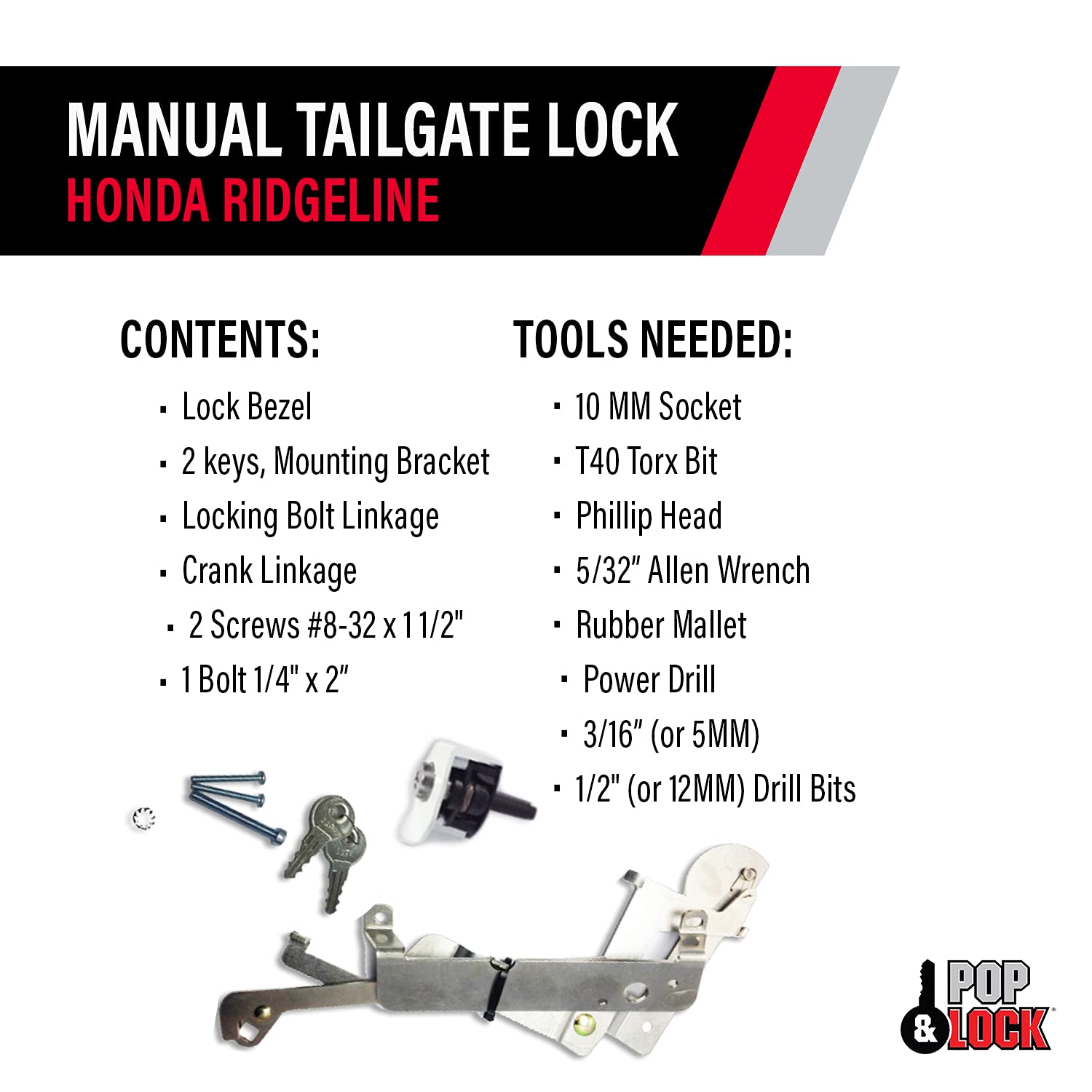 Manual Tailgate Lock for Honda Ridgeline – Pop & Lock, Fits 2005 to 2016 (Silver, PL6102, Traditional Design)