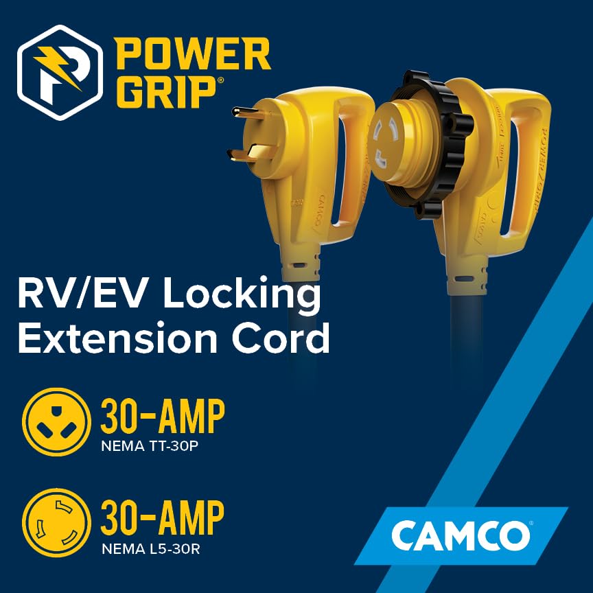 Power Grip Camco 50-Ft 30 Amp RV Extension Cord w/90° Locking End - Rated for 125V / 3,750W - Features Threaded Locking Ring for Weatherproof Connection & 10-Gauge Copper Wire (55525)