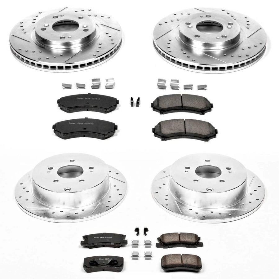 Power Stop K4461 Z23 Carbon Fiber Brake Pads Front and Rear with Drilled & Slotted Brake Rotors Kit For Mitsubishi Endeavor 2004-2008, Mitsubishi Endeavor 2010-2011 [Model Specific]