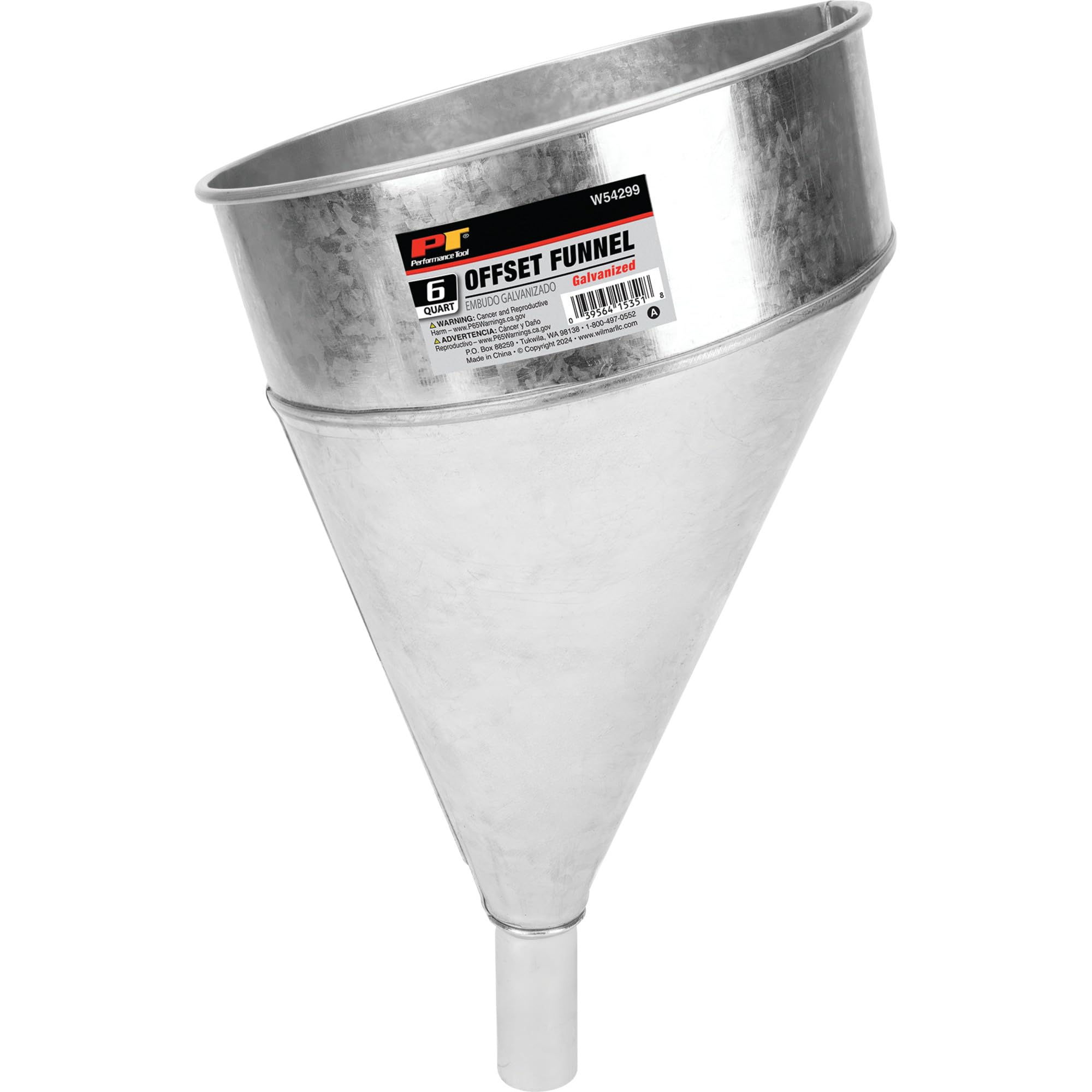 6 Quart Performance Tool W54299 Steel Galvanized Funnel, Features Offset Spout, Splash-Proof Rim, and Removable Strainer, Heavy Duty for Automotive and Shop Use, Weather-Resistant