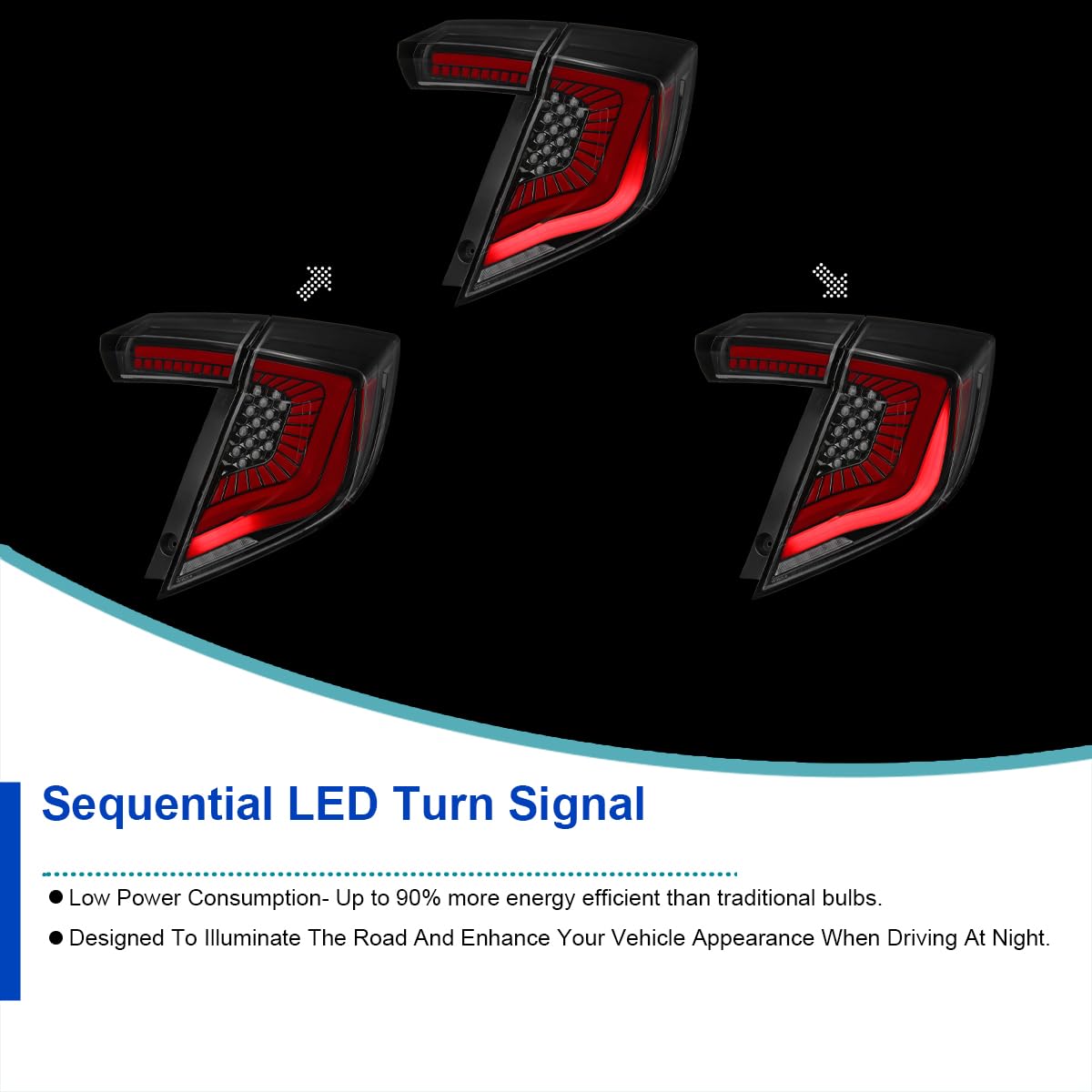Jet Black LED Tail Lights SPEC-D TUNING w/LED Sequential Turn Signals Compatible with 2017-2021 Honda Civic Hatchback, Left + Right Pair Headlamp Assembly