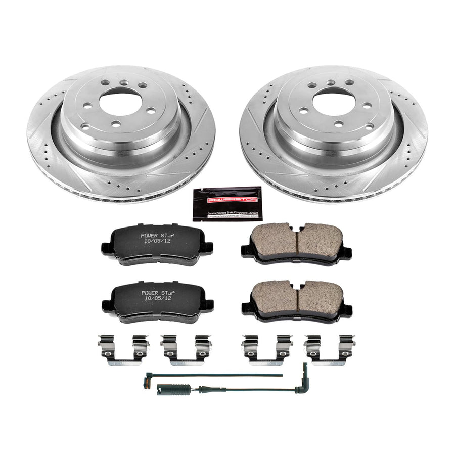 Power Stop K5624 Rear Brake Pads Z23 Carbon Fiber with Drilled & Slotted Brake Rotors Kit and 1 Rear Sensor Wire For Land Rover Range Rover 2006-2012 [Model Specific]