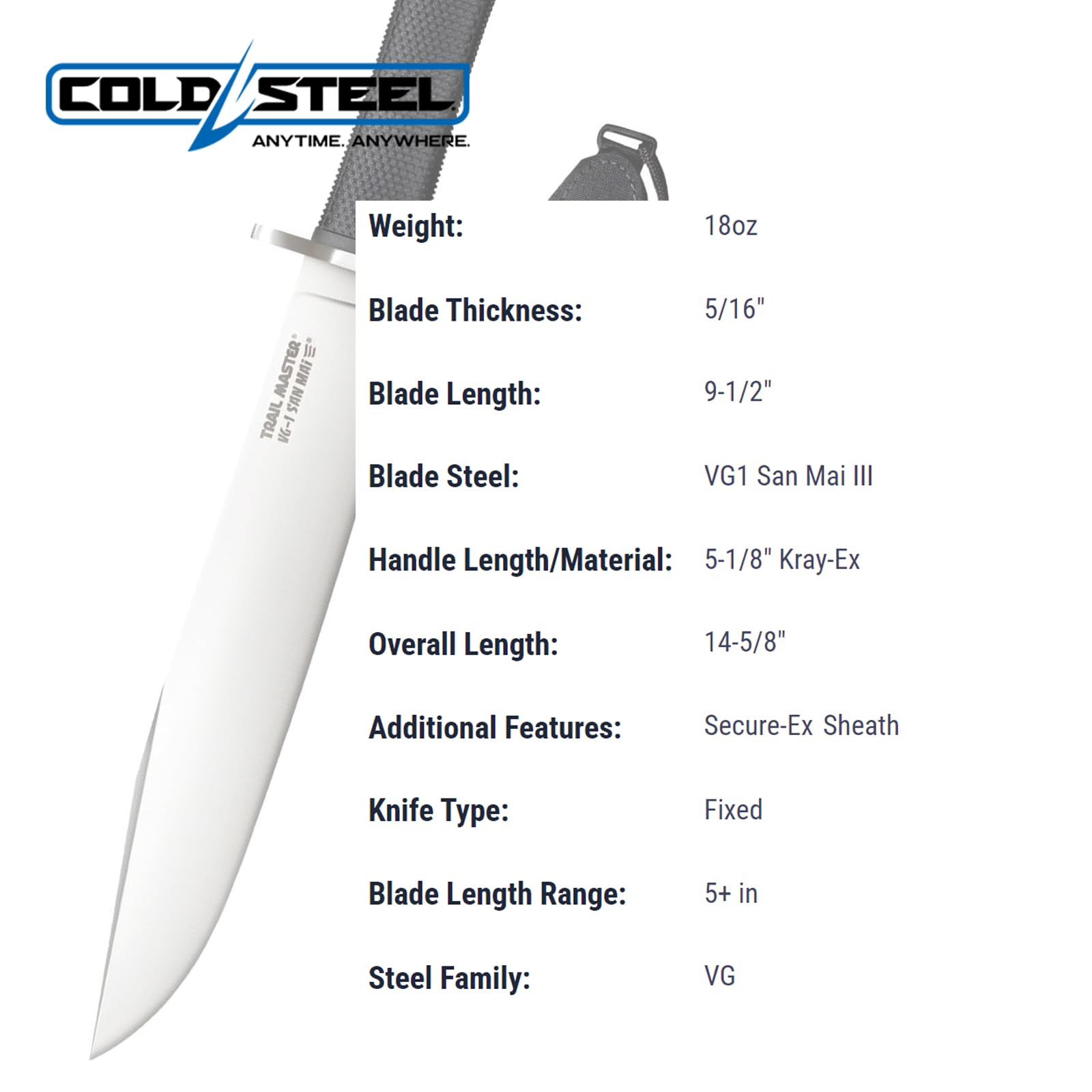 VG1 San Mai III Cold Steel Trail Master 9.5" Clip-Point Blade 5.125" Kray-Ex Handle Tactical Fixed Blade Knife w/Secure-Ex Sheath