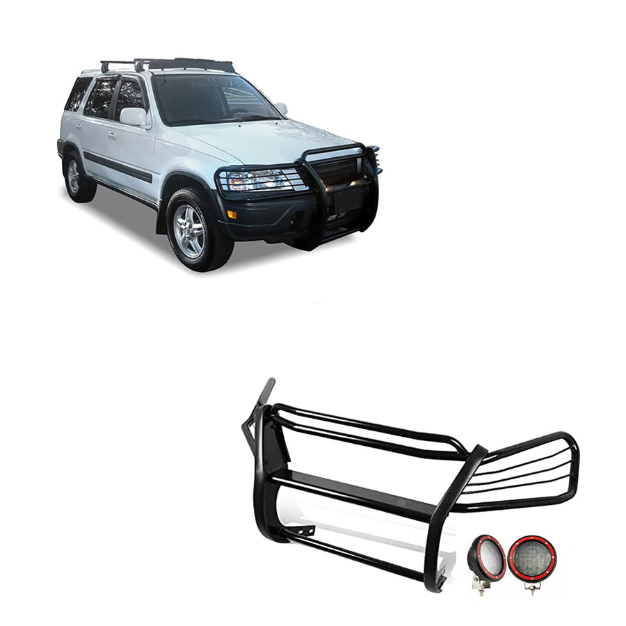 Bumper Guard Black Horse Grille brush Modular Come With Pair of 5.3" Dia.LED Lights with Red Trim Rings Compatible with 1997-2001 Honda CR-V-PG24001MA-PLFR