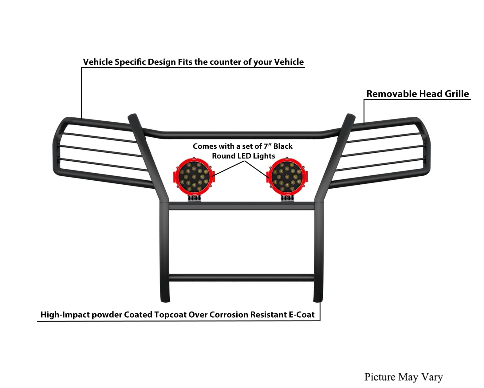 Bumper Guard Black Horse Grille Brush Modular Black Come with Pair of 7.0" Dia.LED Lights with Red Trim Rings Compatible with 2016-2019 Honda Ridgeline-17H01MA-PLR
