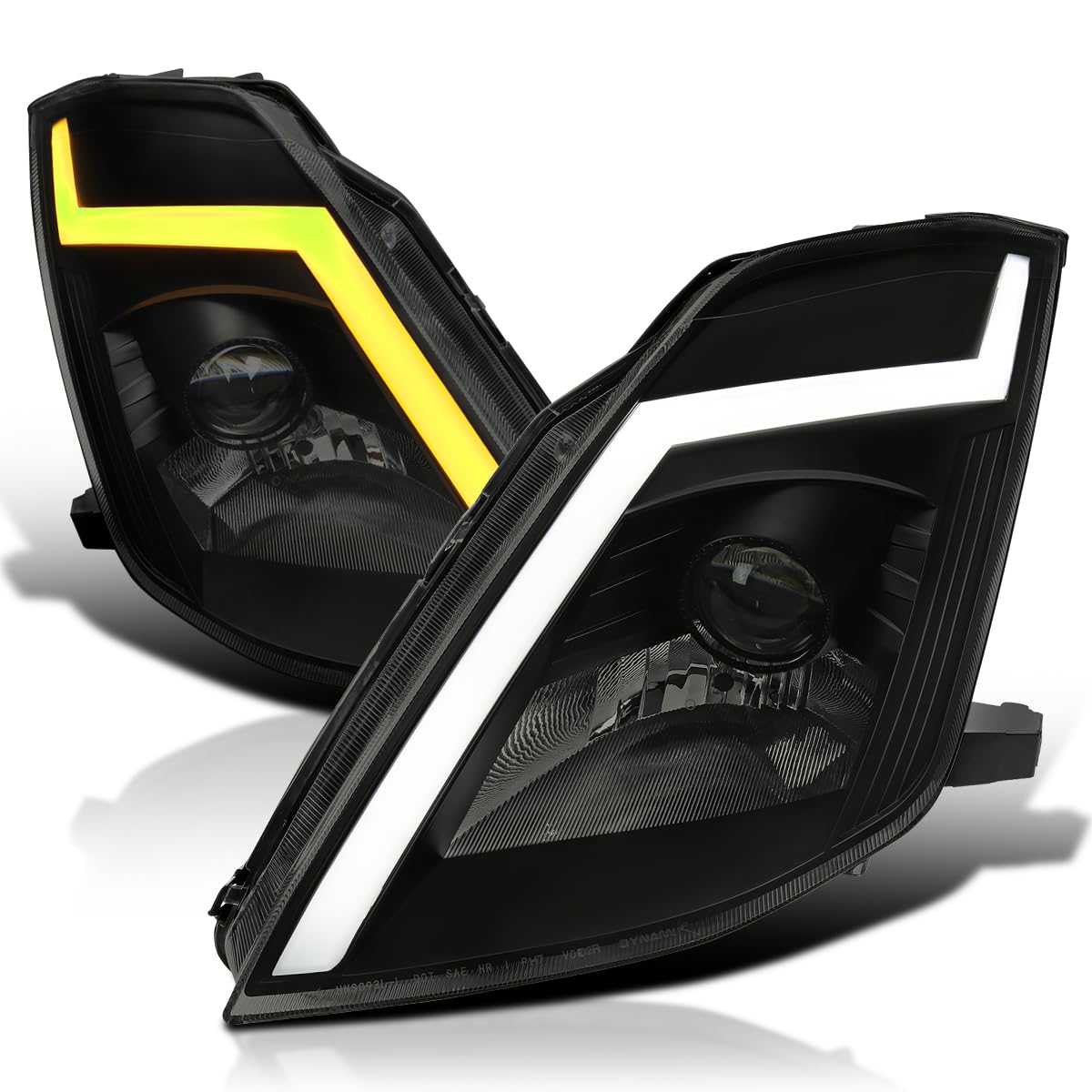 Black Smoke SPEC-D TUNING Sequential Switchback Projector Headlights w/LED Strip and Startup Animation Compatible with 2003-2005 Nissan 350Z, Left + Right Pair Headlamp Assembly