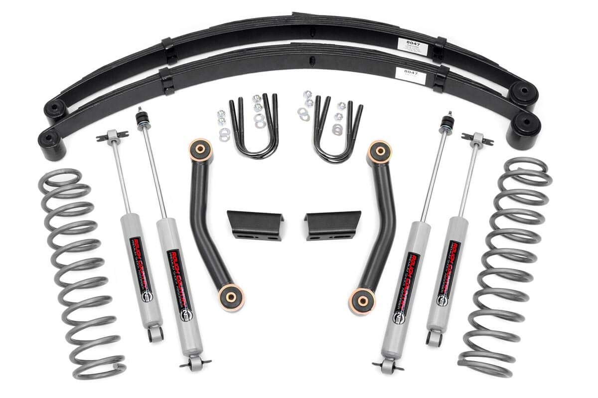 Rough Country 3" Lift Kit w/ N3 Shocks, Control Arms & Full Rear Leaf Springs for Jeep Cherokee XJ (1984-2001) Series 2 - Balanced Suspension System Upgrade
