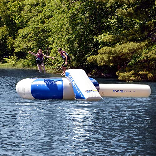 RAVE Sports Splash Zone Plus Inflatable Water Bouncer with Balancing Log and Slide, Boarding Platform, 12FT / 16FT, Anchor Harness, Durable Nylon Jump Surface, Recreational Swimming Fun