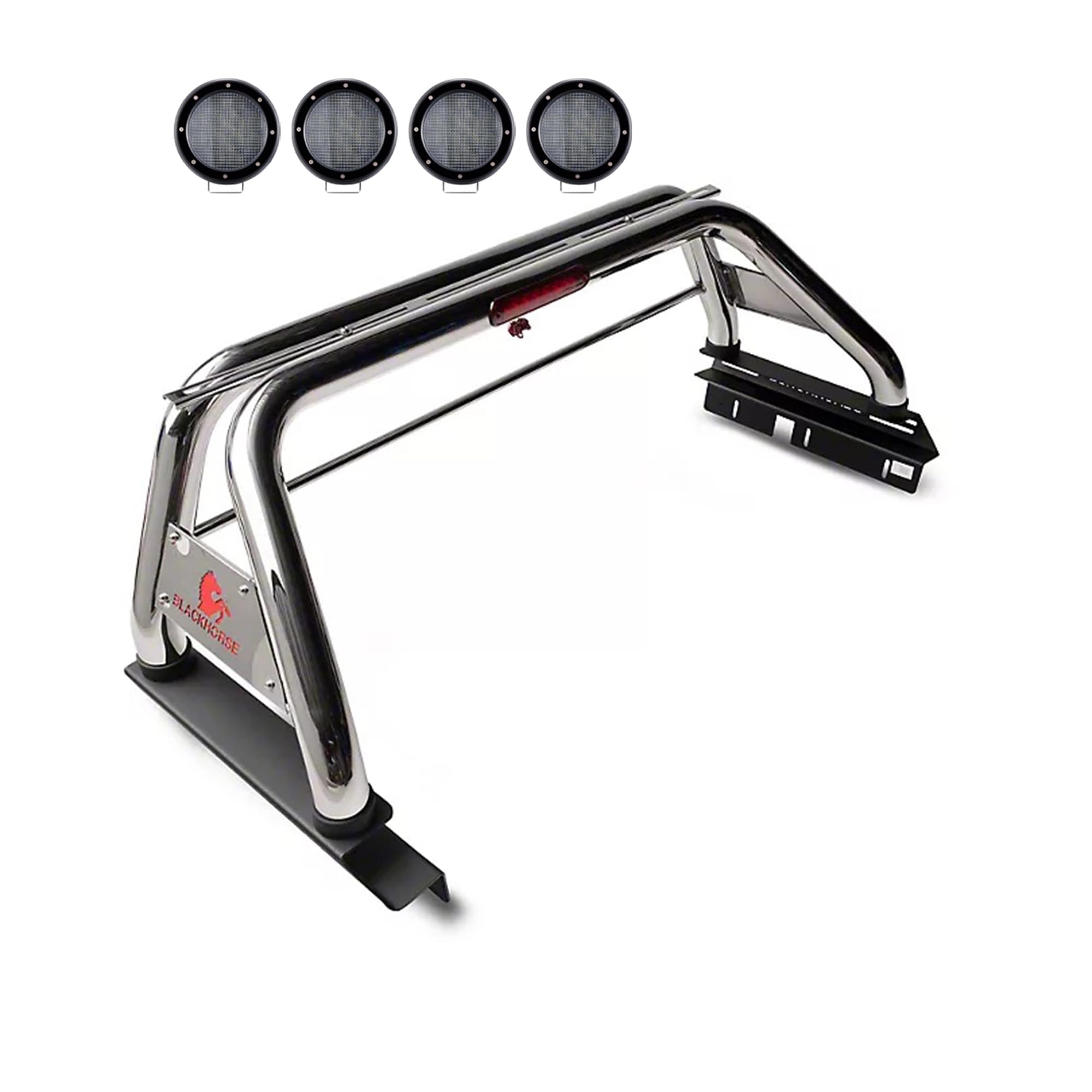 Classic Black Horse Roll Bar Incl. Set of 5.3" Dia.Led Lights w/Black Trim Rings Stainless Steel Compatible with 2015-2024 GMC Canyon|2015-2024 Chevrolet Colorado-RB005SS-PLFB