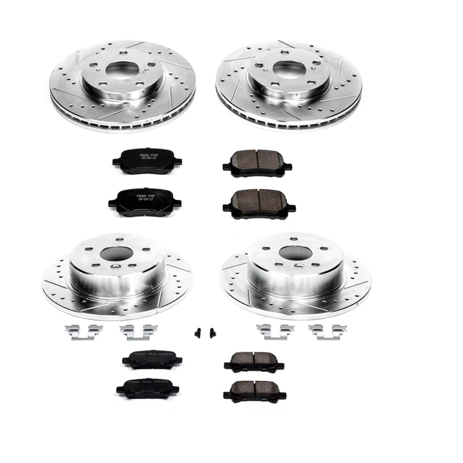 Power Stop K1063 Z23 Carbon Fiber Brake Pads Front and Rear with Drilled & Slotted Brake Rotors Kit For Toyota Avalon 2000-2004 [Model Specific]