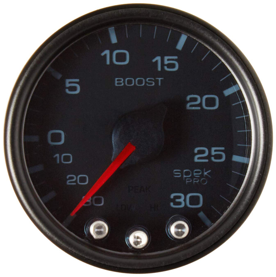 Autometer Gauge Spek-Pro Vac/Boost 2 1/16in 30Inhg-30psi Stepper Motor Peak & Warn Black/Smoke/Black