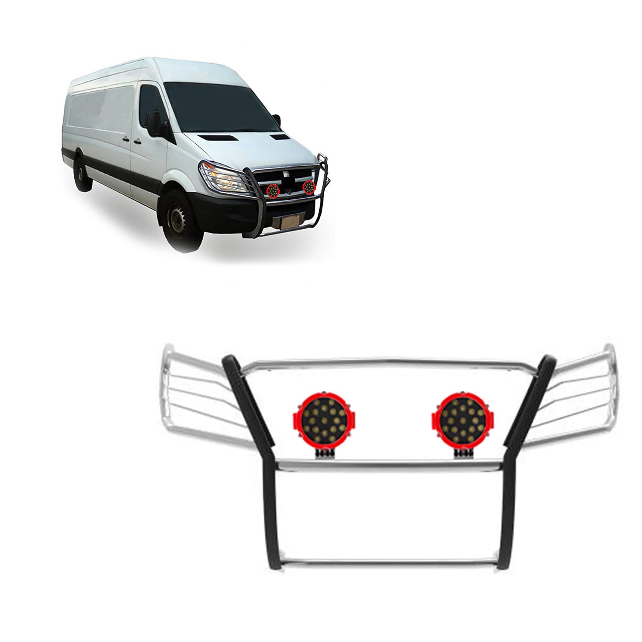Grille Brush Black Horse Bumper Guard Modular S/S W/Pair of 7.0" LED Compatible with 07-09 Dodge-Freightliner Sprinter 2500/3500|07-11-Benz Sprinter|10-18-Benz Sprinter 2500/3500-17D502MSS-PLR