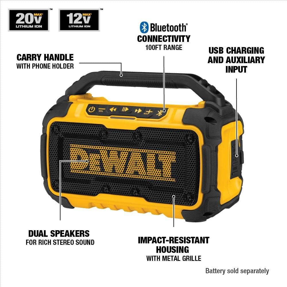 DEWALT Bluetooth Speaker 20V MAX, 100 ft Range, Durable for Jobsites, Phone Holder Included, Lasts 8-10 Hours with Single Charge (DCR010)