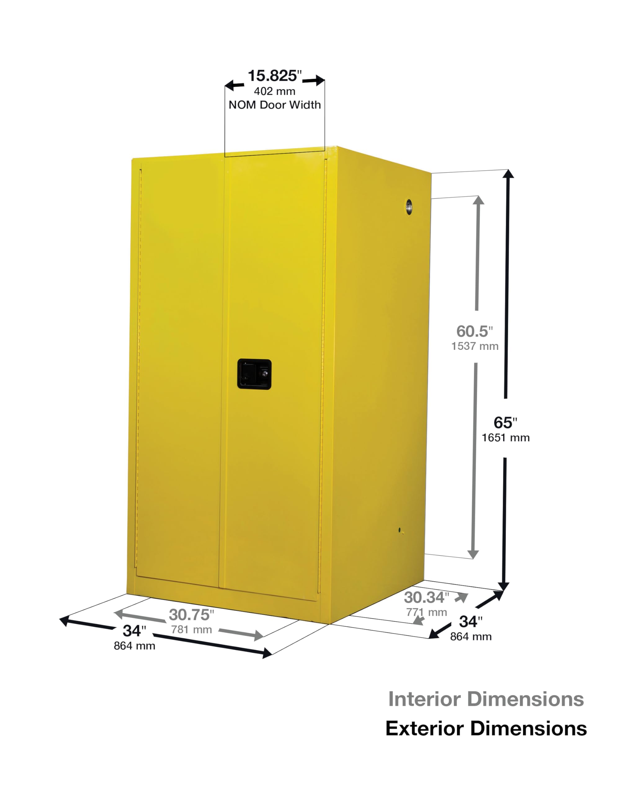 60 Gallon Justrite Self Close Flammable Storage Cabinet, 18 Gauge Steel, 2 Shelves, 2 Door Fire Cabinet, 65" x 34" x 34", Made in The USA, White, 896025