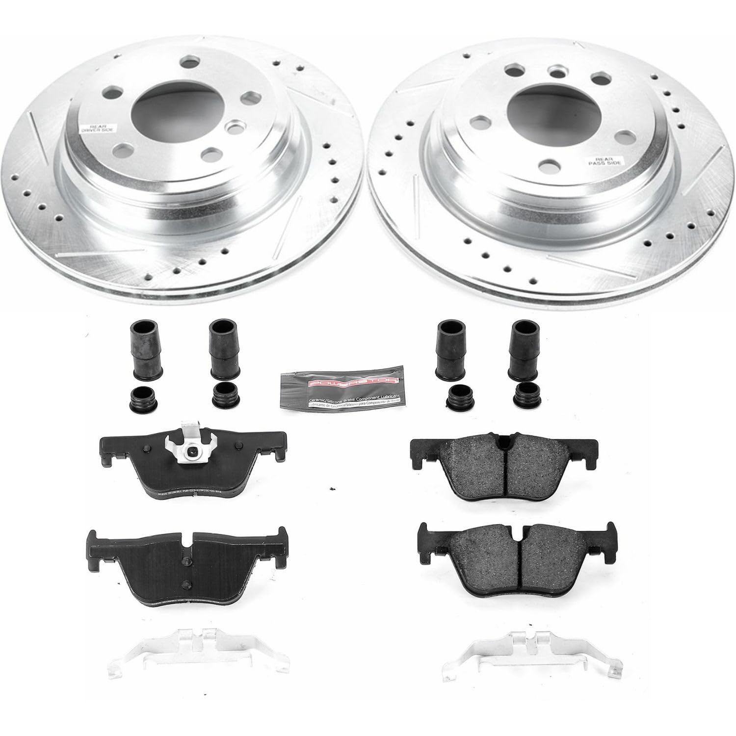 Rear Power Stop K6852 Z23 Carbon Fiber Brake Pads with Drilled & Slotted Brake Rotors Kit and 1 Rear Sensor Wire