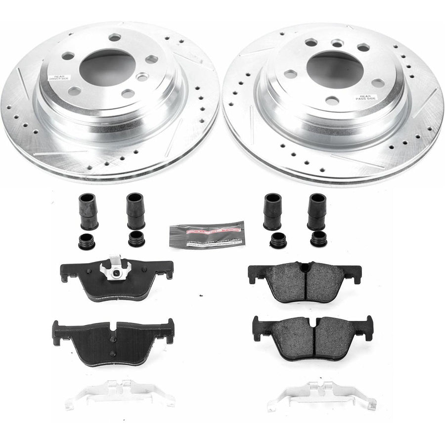 Rear Power Stop K6852 Z23 Carbon Fiber Brake Pads with Drilled & Slotted Brake Rotors Kit and 1 Rear Sensor Wire