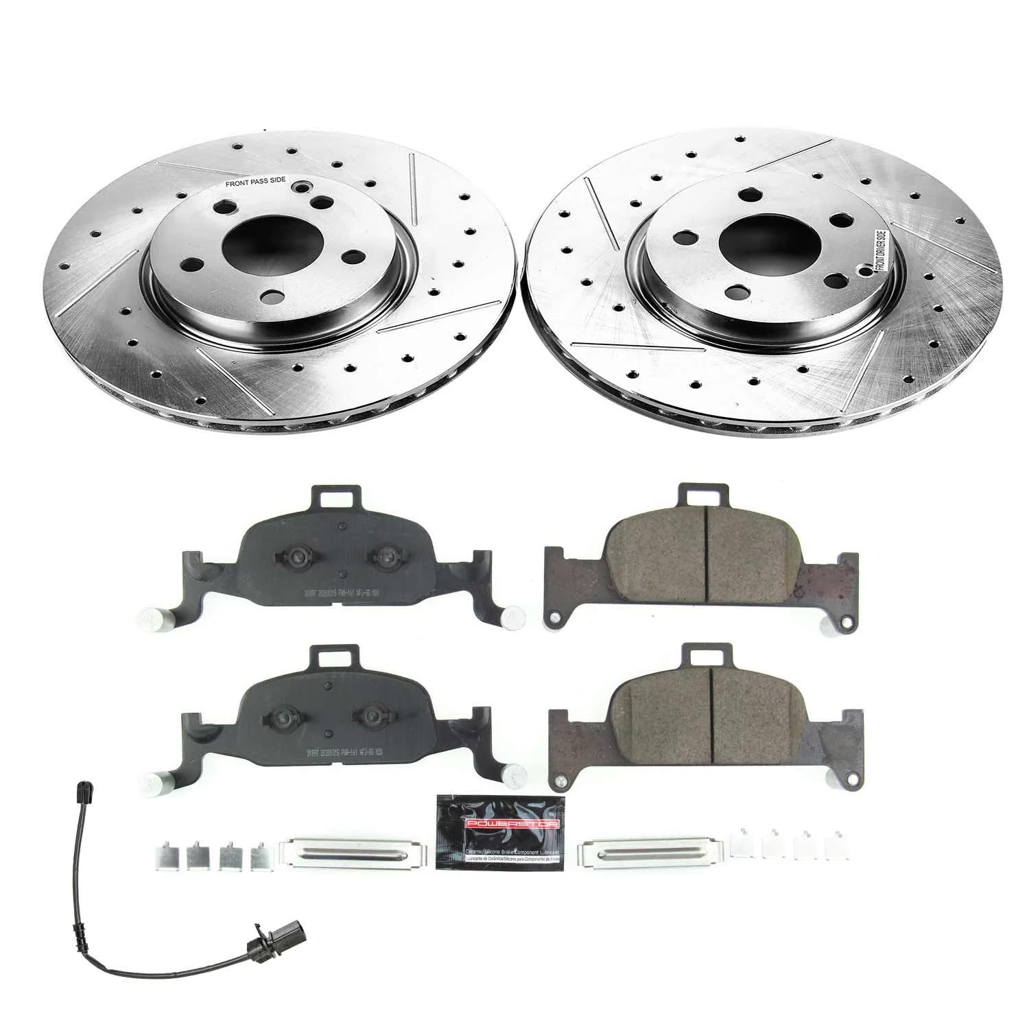 Z23 Power Stop K8551 Front Brake Kit-Drilled/Slotted Brake Rotors & Carbon Ceramic Brake Pads and 1 Front Sensor Wire For Audi Q5 2018-2022 [Model Specific]