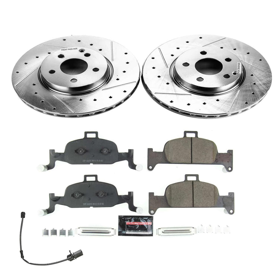 Z23 Power Stop K8551 Front Brake Kit-Drilled/Slotted Brake Rotors & Carbon Ceramic Brake Pads and 1 Front Sensor Wire For Audi Q5 2018-2022 [Model Specific]