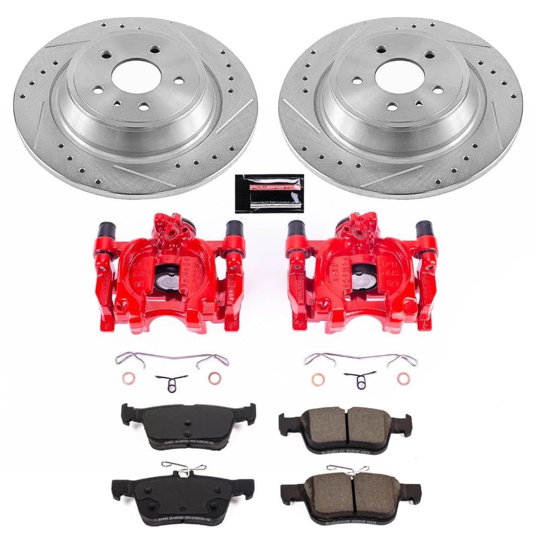 Power Stop Z23 Evolution Rear Brake Kit-Drilled/Slotted Rotors, Carbon Ceramic Brake Pads & Calipers For Escape Ford 2017-2019, Fusion Ford 2017-2020 [Model Specific]