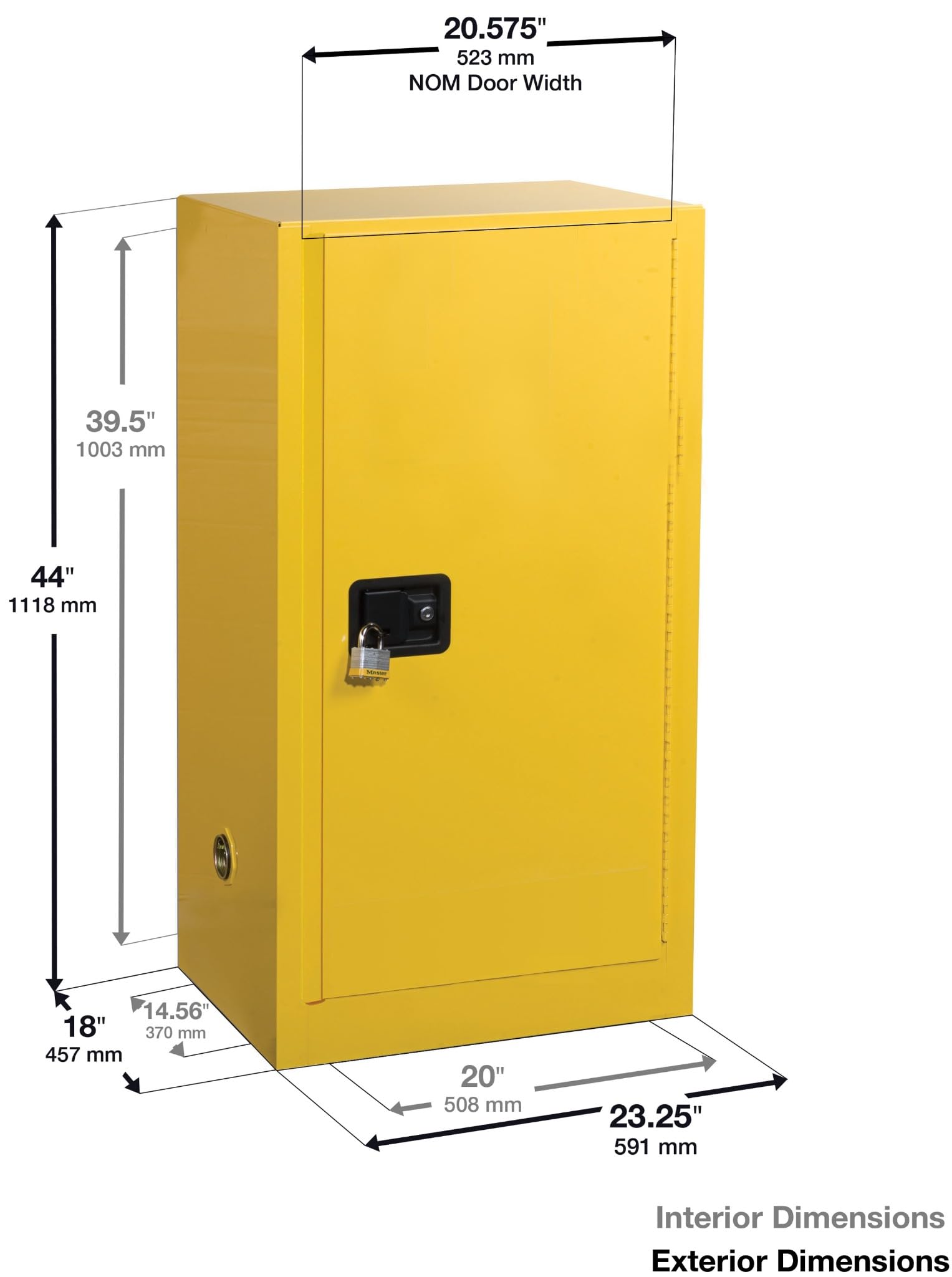 20 Gallon Justrite Self Close Paint and Ink Safety Cabinet, 18 Gauge Steel, 2 Shelves, 23" x 44" x 18", 1 Door Combustibles Cabinet, Made in The USA, Yellow, 891530