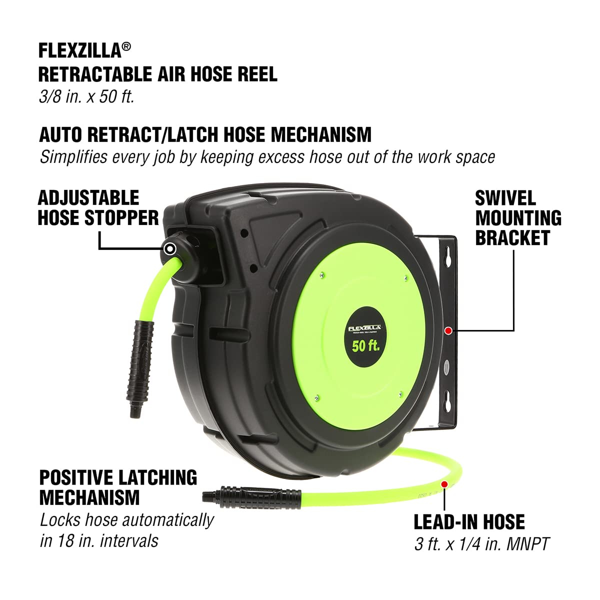 Flexzilla Enclosed Retractable Plastic Air Hose Reel, 3/8 in. x 50 ft., Heavy Duty, Lightweight, Hybrid, ZillaGreen - L8250FZ