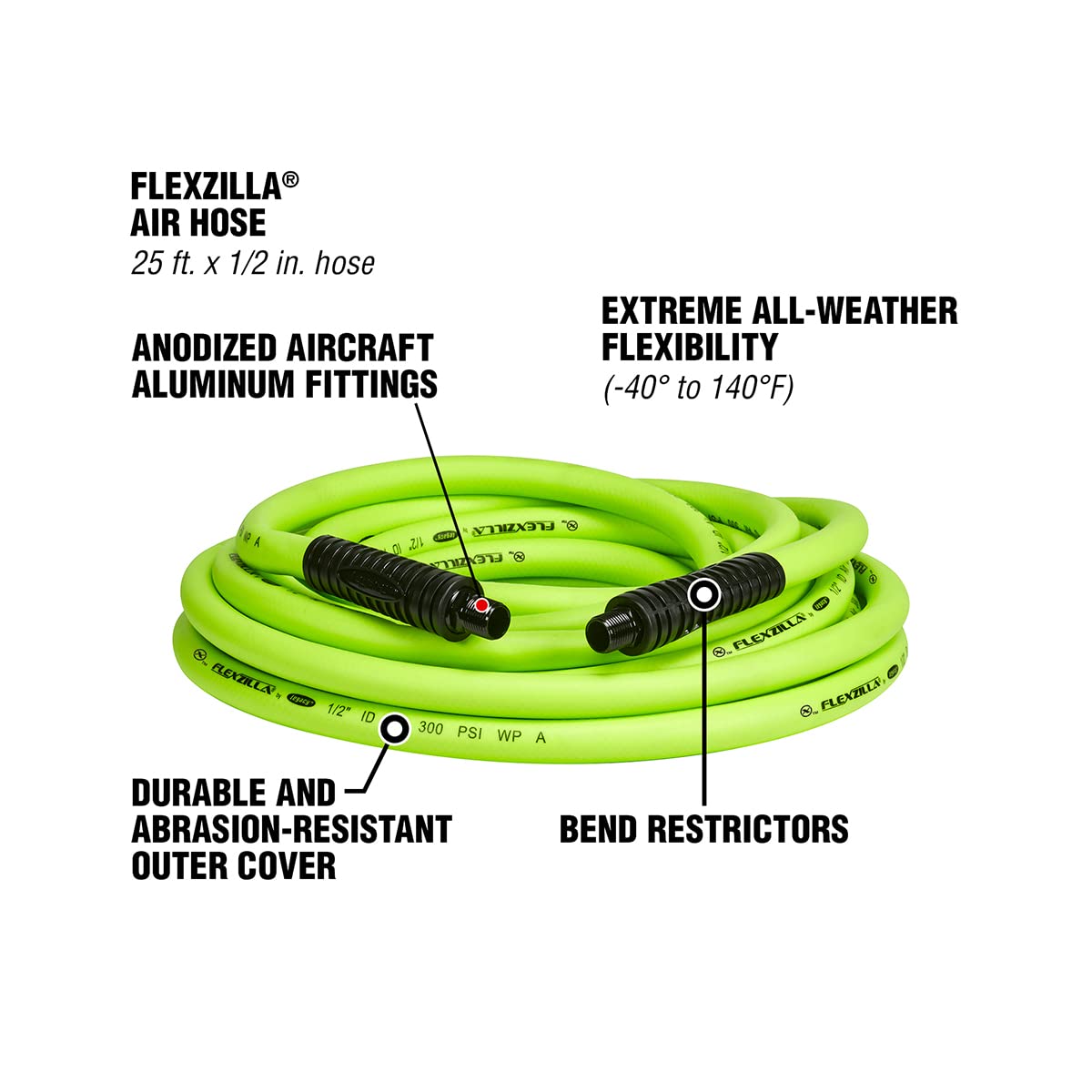 Air Hose Flexzilla, 1/2 in. x 25 ft., 3/8 in. MNPT Fittings, Heavy Duty, Lightweight, Hybrid, ZillaGreen - HFZ1225YW3