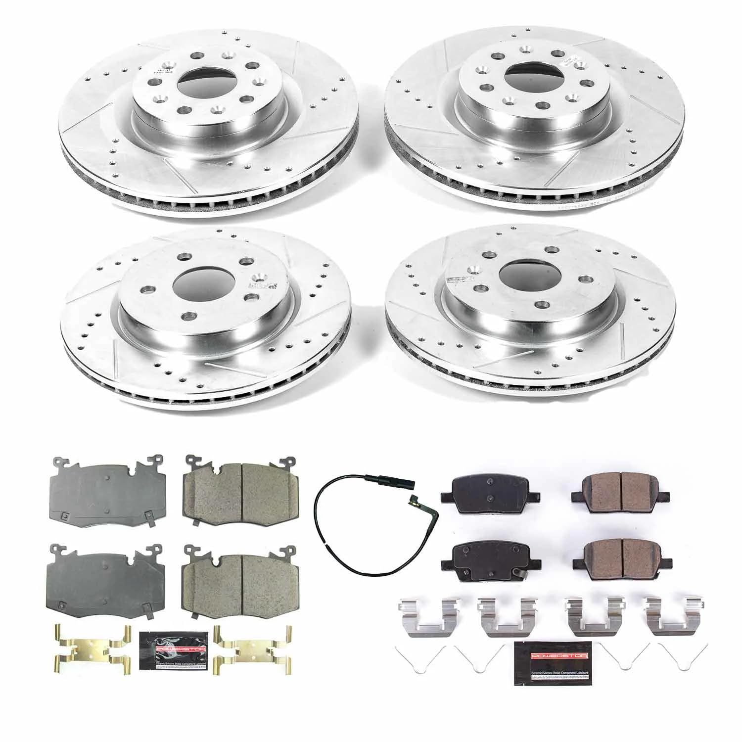 Power Stop K8341, Front and Rear Z23 Brake Kit-Drilled/Slotted Rotors & Carbon Ceramic Brake Pads and 1 Front Sensor Wire For Cadillac CT6 2019 [Model Specific]