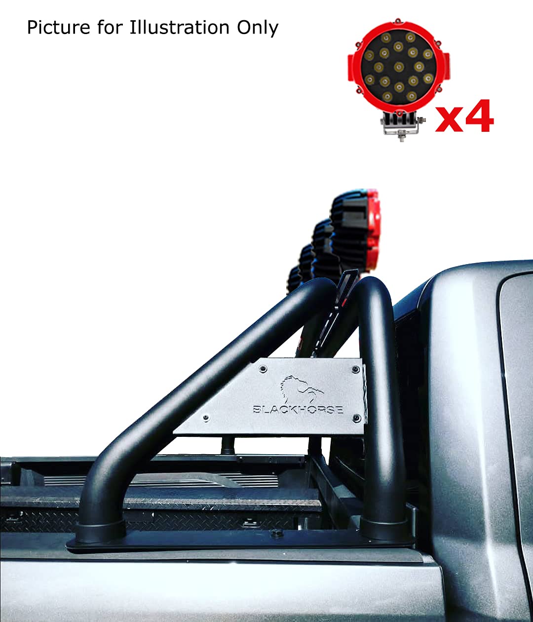 Classic Black Horse Roll Bar Incl. Pair of 7.0" Dia. Led Lights w/Red Trim Rings Compatible with 19-24 Ram 1500 Excludes Classic models-RB002BK-PLR
