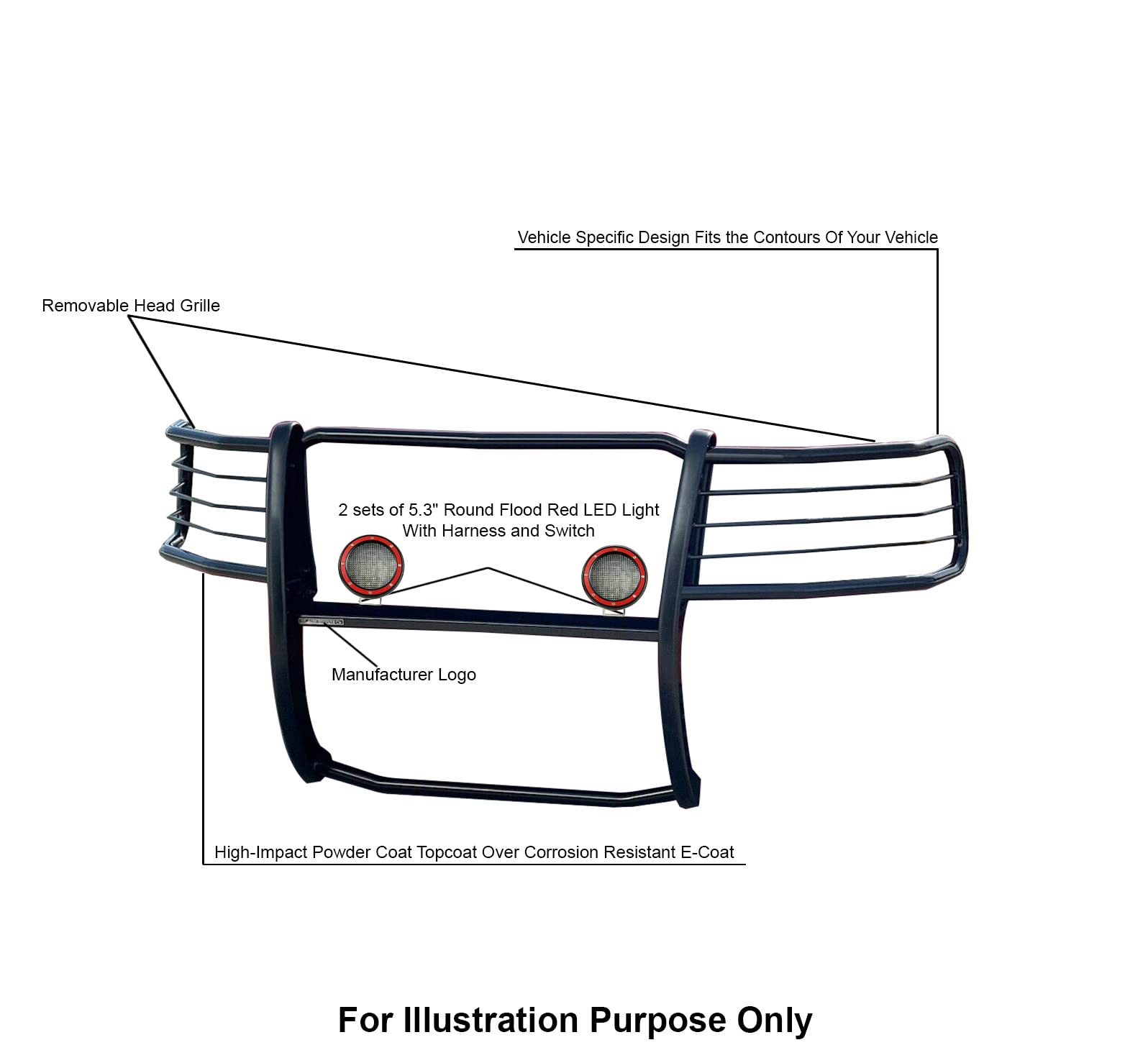 Grille Brush Black Horse Bumper Guard Modular Black Come with Pair of 5.3" Dia.LED Lights with Red Trim Rings Compatible with 2004-2008 Ford F-150-17FP28MA-PLFR