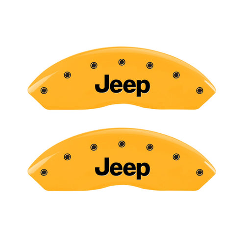 Caliper Covers MGP 42007SJPLYL Yellow (Set of 4, Engraved Front: Jeep - Engraved Rear: Jeep Grill Logo, Yellow Powder Coat Finish, Black Characters)