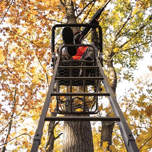 Retreat™ LS 1-Man Ladder Stand, Rivers Edge® 17’11” Height, Lockdown™ Strapping System, Flip-Up TearTuff™ Mesh Seat, 27” Deep Platform, 2-Way Adjustable Shooting Rail, RE670