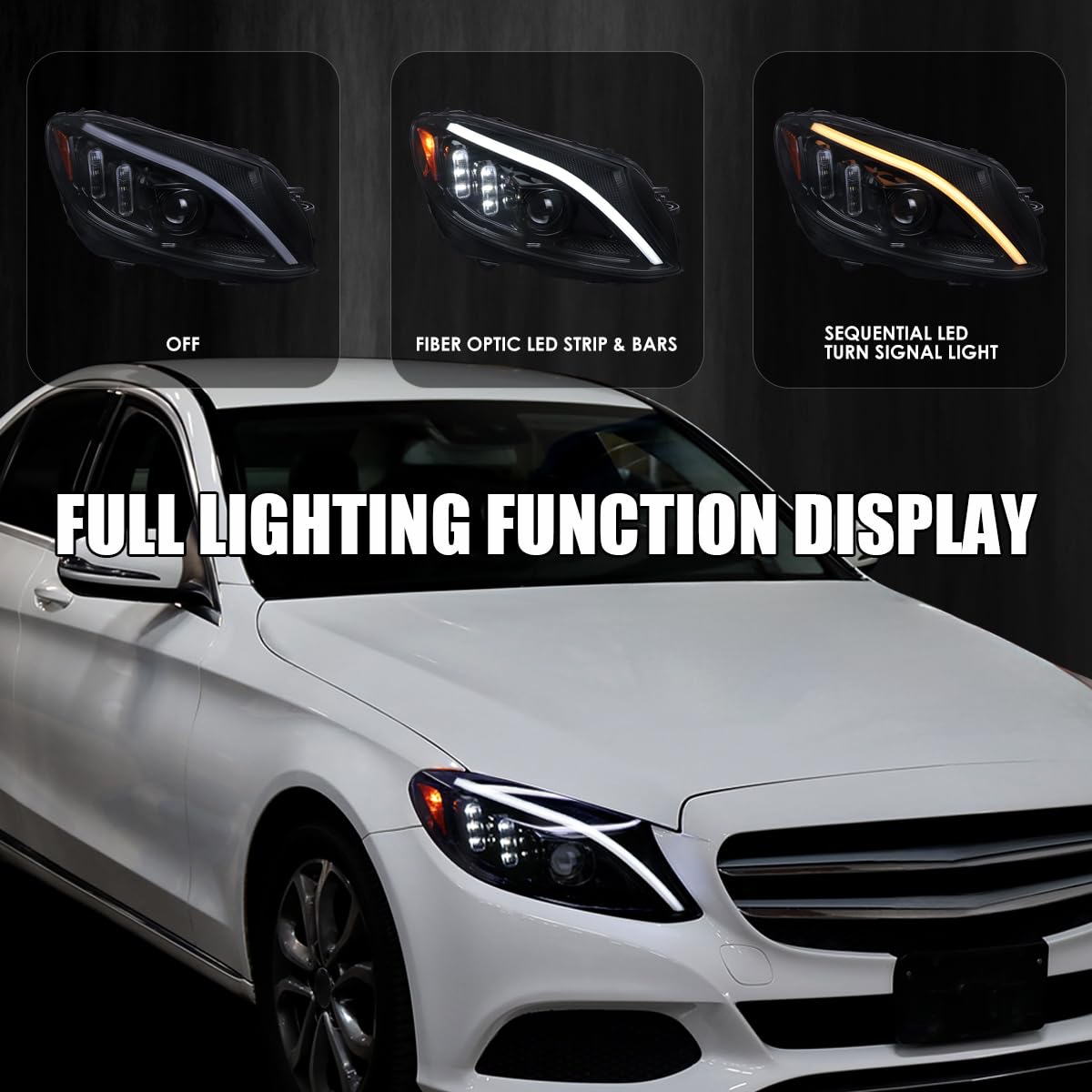 Black Smoke SPEC-D TUNING Sequential Signal Tube Full LED Projector Headlights Compatible with 2015-2018 Mercedes Benz W205 C-Class Left + Right Pair Headlamps Assembly