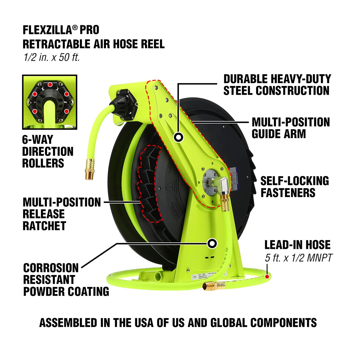 Flexzilla Air Hose Reel Pro Performance Series, 1/2 in. x 50 ft., Heavy Duty, Lightweight, Hybrid, ZillaGreen - L8041FZ
