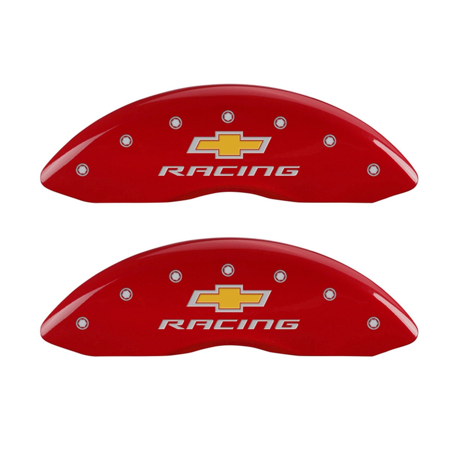 Caliper Covers MGP 14036SBRCRD (Red Powder Coat Finish, Engraved Front and Rear: Chevy racing, Silver Characters, Set of 4)